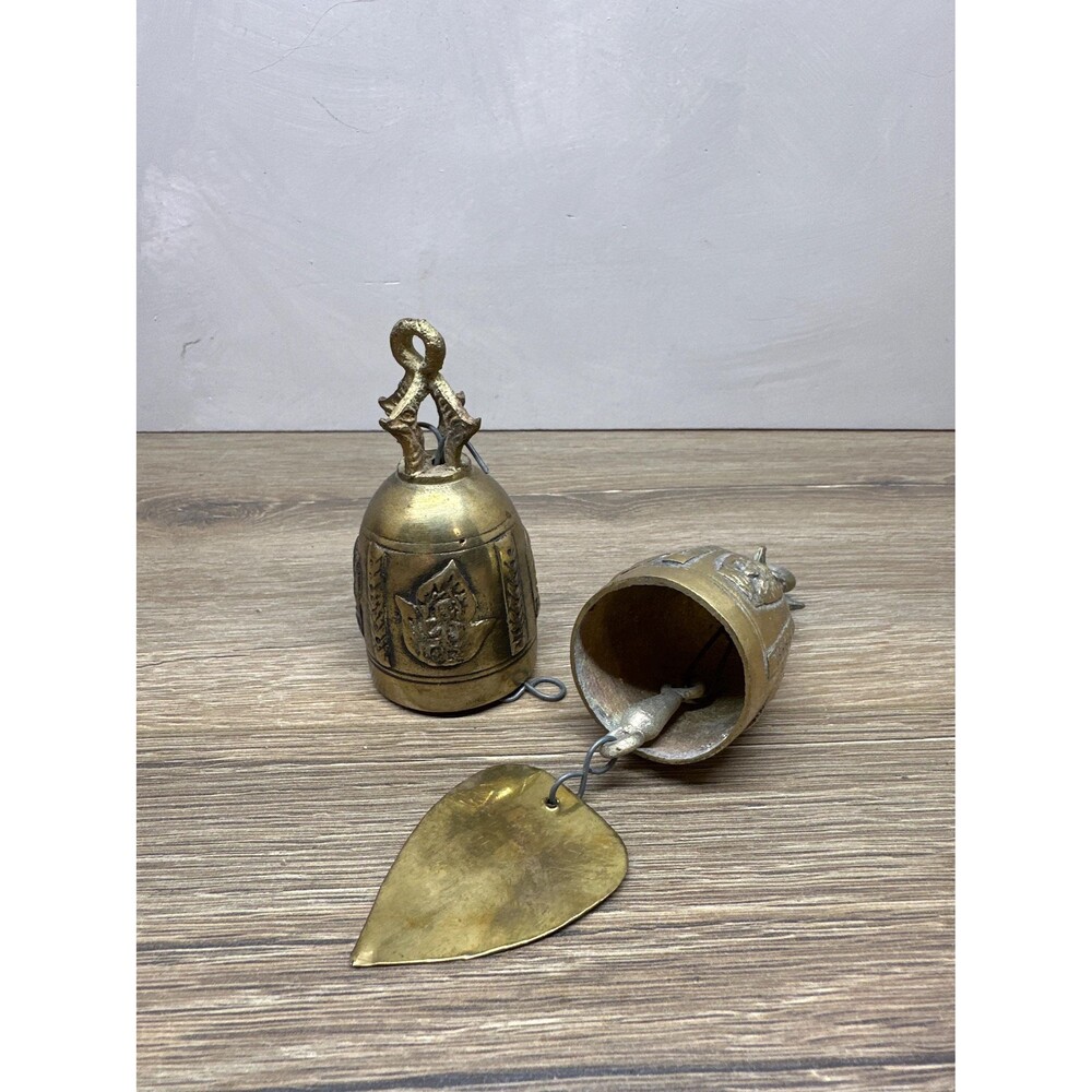 Vintage Solid Brass Thai Temple Bell Chime Set of 2